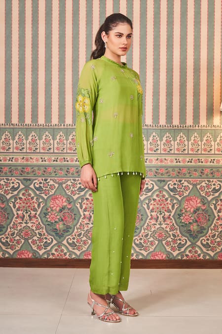 Buy_Sammohi By Moksha And Hiral_Green Georgette, Silk, Organza Pearls, Floral Embroidered Short Tunic And Pant Set _Online_at_Aza_Fashions