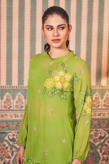 Shop_Sammohi By Moksha And Hiral_Green Georgette, Silk, Organza Pearls, Floral Embroidered Short Tunic And Pant Set _Online_at_Aza_Fashions