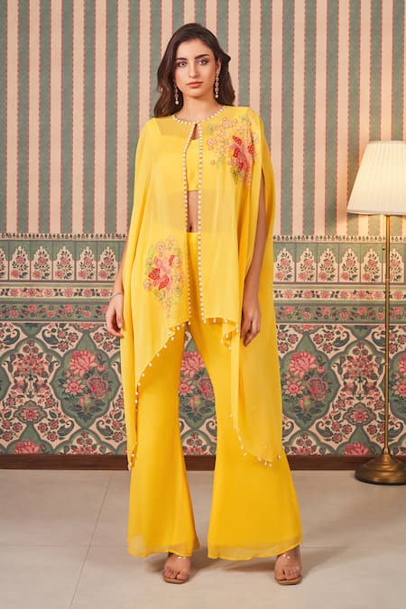 SAMMOHI BY MOKSHA AND HIRAL Yellow Bustier Dupion Silk Embroidery Beads Cape Floral Applique And Pant Set 