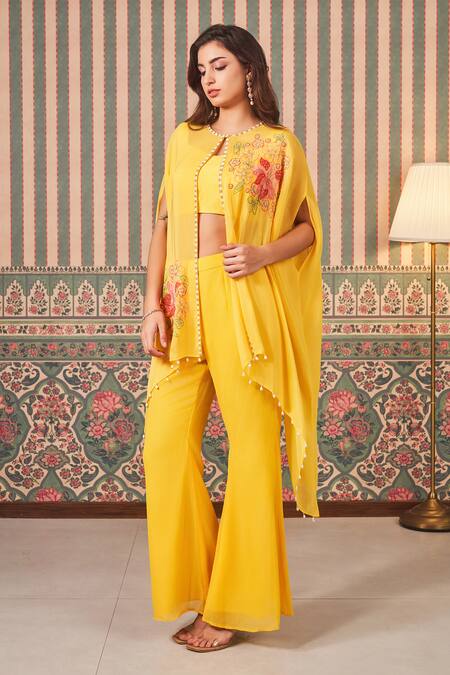Sammohi By Moksha And Hiral_Yellow Silk, Georgette Beads, Pearls Floral Applique Embroidered Cape And Pant Set _Online_at_Aza_Fashions