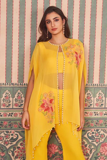 Buy_Sammohi By Moksha And Hiral_Yellow Silk, Georgette Beads, Pearls Floral Applique Embroidered Cape And Pant Set _Online_at_Aza_Fashions
