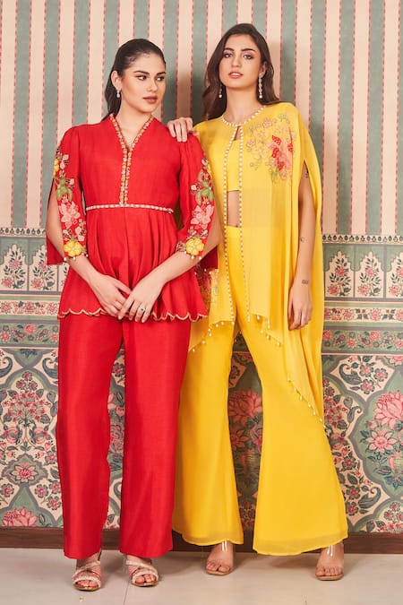 Shop_Sammohi By Moksha And Hiral_Yellow Silk, Georgette Beads, Pearls Floral Applique Embroidered Cape And Pant Set _Online_at_Aza_Fashions