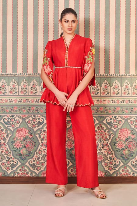 SAMMOHI BY MOKSHA AND HIRAL Red Dupion Silk Embroidery Floral V-neck Applique Peplum Tunic With Pant 