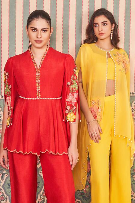 Sammohi By Moksha And Hiral_Red Silk Pearls V-neck Floral Applique Embroidered Peplum Tunic With Pant _Online_at_Aza_Fashions