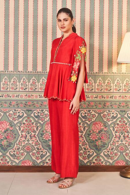 Buy_Sammohi By Moksha And Hiral_Red Silk Pearls V-neck Floral Applique Embroidered Peplum Tunic With Pant _Online_at_Aza_Fashions