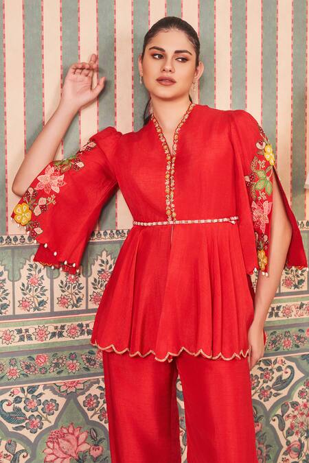 Shop_Sammohi By Moksha And Hiral_Red Silk Pearls V-neck Floral Applique Embroidered Peplum Tunic With Pant _Online_at_Aza_Fashions
