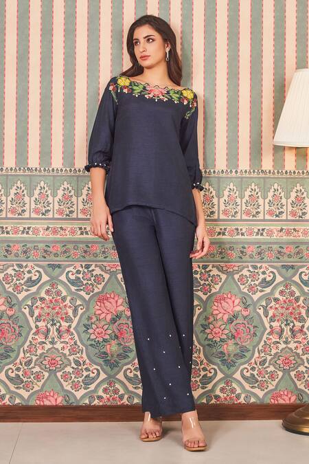 Sammohi By Moksha And Hiral_Blue Silk Applique, Beads, Pearls Boat Neck Floral Embroidered Tunic With Pant _Online_at_Aza_Fashions