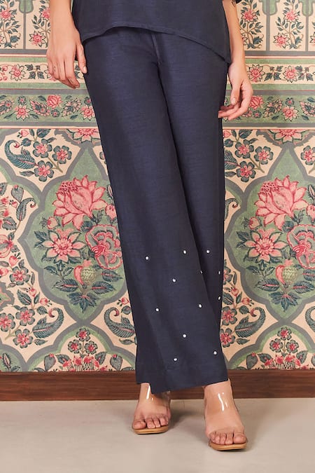 Buy_Sammohi By Moksha And Hiral_Blue Silk Applique, Beads, Pearls Boat Neck Floral Embroidered Tunic With Pant _Online_at_Aza_Fashions