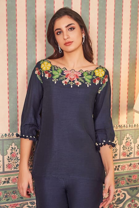 Shop_Sammohi By Moksha And Hiral_Blue Silk Applique, Beads, Pearls Boat Neck Floral Embroidered Tunic With Pant _Online_at_Aza_Fashions