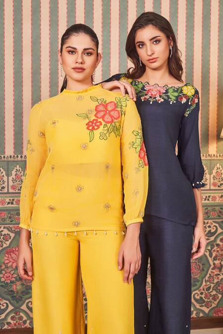 Sammohi By Moksha And Hiral_Blue Silk Applique, Beads, Pearls Boat Neck Floral Embroidered Tunic With Pant _at_Aza_Fashions