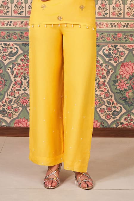 Buy Sammohi By Moksha And Hiral Yellow Georgette, Organza, Silk Floral Embroidered Short Tunic And Pant Set Online at Aza Fashions Buy_Sammohi By Moksha And Hiral_Yellow Georgette, Organza, Silk Floral Embroidered Short Tunic And Pant Set _Online_at_Aza_Fashions