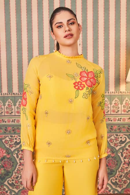 Shop Sammohi By Moksha And Hiral Yellow Georgette, Organza, Silk Floral Embroidered Short Tunic And Pant Set Online at Aza Fashions Shop_Sammohi By Moksha And Hiral_Yellow Georgette, Organza, Silk Floral Embroidered Short Tunic And Pant Set _Online_at_Aza_Fashions