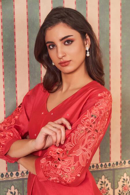 Shop_Sammohi By Moksha And Hiral_Coral Chanderi Silk Beads V-neck Embroidered Kurta With Pant _Online_at_Aza_Fashions
