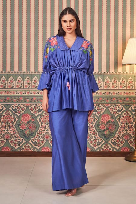 SAMMOHI BY MOKSHA AND HIRAL Blue Chanderi Silk Embroidery Floral Sailor Collar Peplum Tunic With Pant 