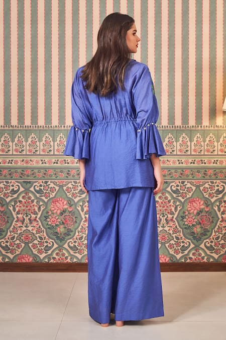 Sammohi By Moksha And Hiral Chanderi Silk Floral Embroidered Peplum Tunic With Pant 