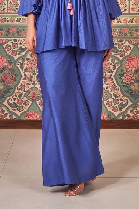 Buy_Sammohi By Moksha And Hiral_Blue Chanderi Silk Beads, Embroidery Floral Peplum Tunic With Pant _Online_at_Aza_Fashions