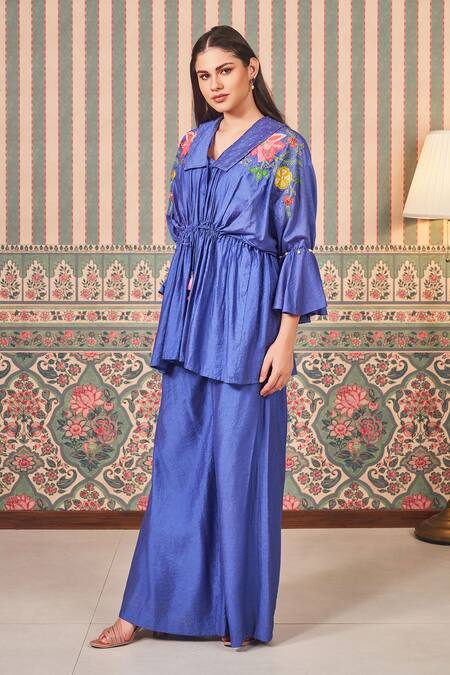 Shop_Sammohi By Moksha And Hiral_Blue Chanderi Silk Beads, Embroidery Floral Peplum Tunic With Pant _Online_at_Aza_Fashions