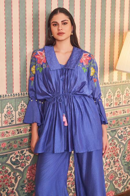 Sammohi By Moksha And Hiral_Blue Chanderi Silk Beads, Embroidery Floral Peplum Tunic With Pant _at_Aza_Fashions