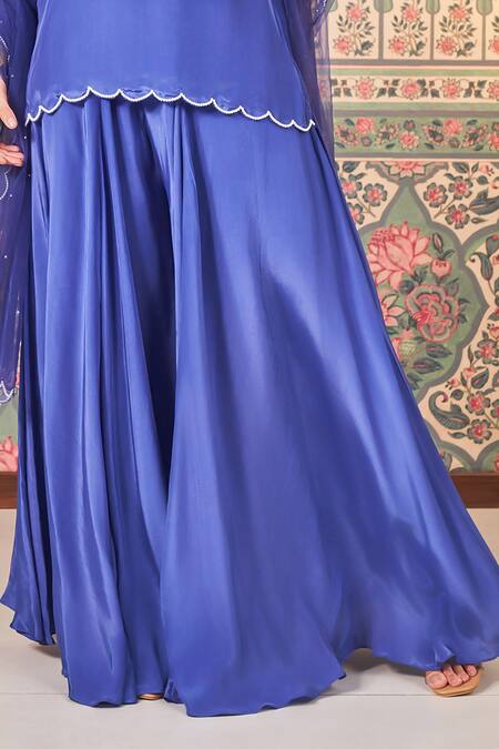 Sammohi By Moksha And Hiral_Blue Crepe, Silk, Tulle Pearls, Applique, Floral Short Kurta And Sharara Set_Online_at_Aza_Fashions