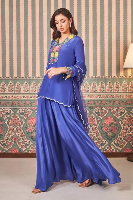 Buy_Sammohi By Moksha And Hiral_Blue Crepe, Silk, Tulle Pearls, Applique, Floral Short Kurta And Sharara Set_Online_at_Aza_Fashions