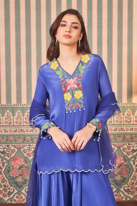 Shop_Sammohi By Moksha And Hiral_Blue Crepe, Silk, Tulle Pearls, Applique, Floral Short Kurta And Sharara Set_Online_at_Aza_Fashions