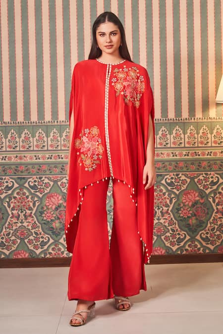 SAMMOHI BY MOKSHA AND HIRAL Red Crepe Silk Embroidery Beads Round Floral Applique Asymmetric Cape With Pant 