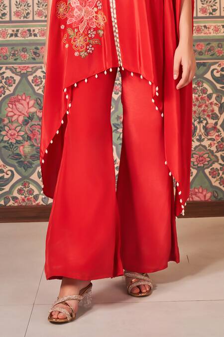 Sammohi By Moksha And Hiral_Red Crepe, Silk Floral Applique Embroidered Asymmetric Cape With Pant _Online_at_Aza_Fashions