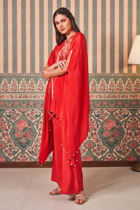 Buy_Sammohi By Moksha And Hiral_Red Crepe, Silk Floral Applique Embroidered Asymmetric Cape With Pant _Online_at_Aza_Fashions