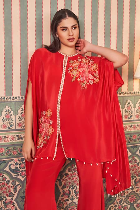 Shop_Sammohi By Moksha And Hiral_Red Crepe, Silk Floral Applique Embroidered Asymmetric Cape With Pant _Online_at_Aza_Fashions