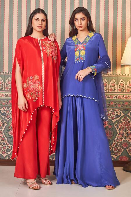Sammohi By Moksha And Hiral_Red Crepe, Silk Floral Applique Embroidered Asymmetric Cape With Pant _at_Aza_Fashions