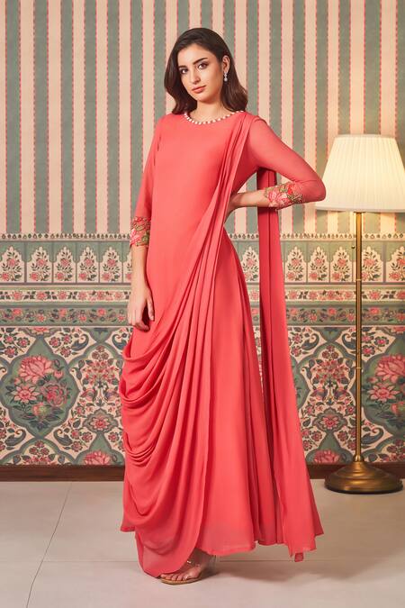 Sammohi By Moksha And Hiral_Coral Georgette Applique, Beads Round Neck Embroidered Drape Gown _Online_at_Aza_Fashions