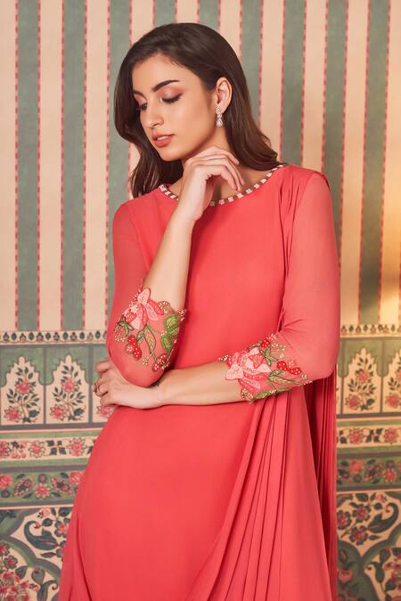 Buy_Sammohi By Moksha And Hiral_Coral Georgette Applique, Beads Round Neck Embroidered Drape Gown _Online_at_Aza_Fashions