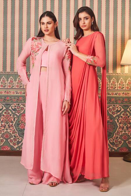 Shop_Sammohi By Moksha And Hiral_Coral Georgette Applique, Beads Round Neck Embroidered Drape Gown _Online_at_Aza_Fashions