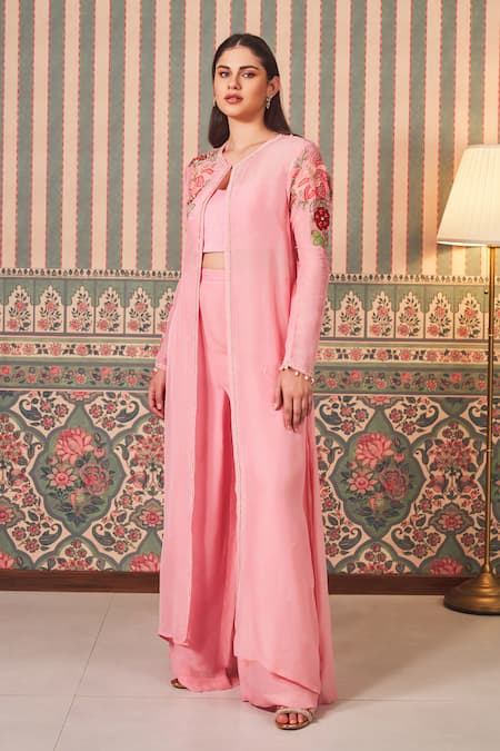 Buy_Sammohi By Moksha And Hiral_Pink Silk, Georgette Pearls, Floral Embroidered Asymmetric Jacket And Palazzo Set _Online_at_Aza_Fashions