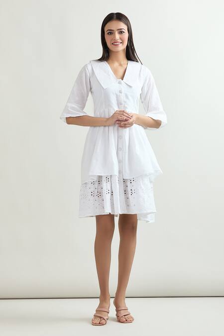 Buy Samyukta Singhania White Cotton Collared Cutout Pattern Shirt Dress Buy_Samyukta Singhania_White Cotton Collared Cutout Pattern Shirt Dress