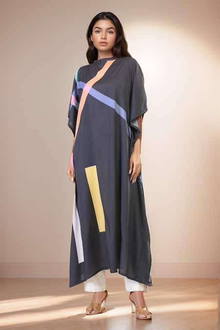 Samyukta Singhania Black Soft Silk Crepe Printed Abstract Geometric Boat Electric Kaftan Dress 