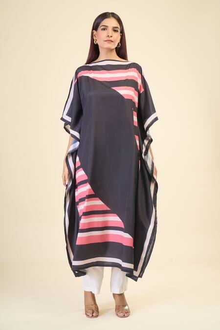 Buy Naintara Bajaj Black Silk, Crepe Boat Neck Placement Stripe Print Kaftan Dress Buy_Naintara Bajaj_Black Silk, Crepe Boat Neck Placement Stripe Print Kaftan Dress