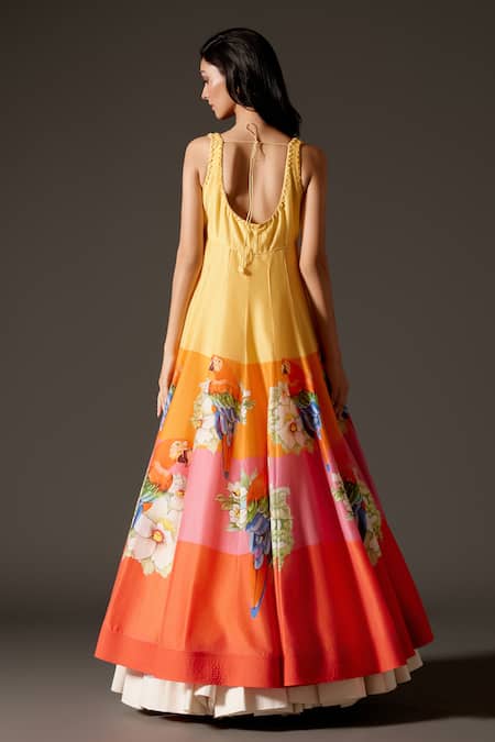 Shop_Rohit Bal_Multi Color Organza, Chanderi Silk, Cotton Bird Floral Print Anarkali Set _at_Aza_Fashions