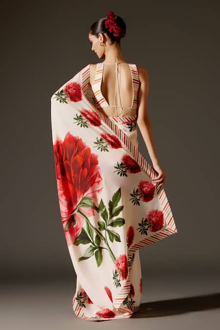 Rohit Bal Rose Bloom Print Saree & Unstitched Blouse Piece Set 