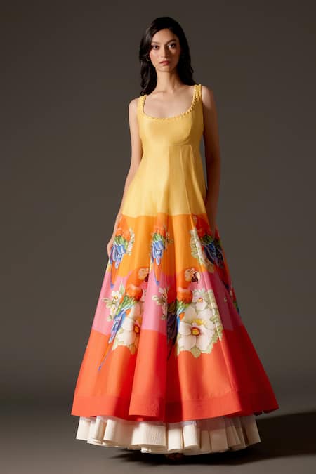 Rohit Bal_Multi Color Organza, Chanderi Silk, Cotton Bird Floral Print Anarkali Set _Online_at_Aza_Fashions