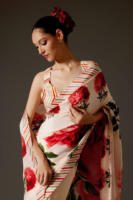 Buy_Rohit Bal_Orange Crepe Rose Bloom Print Saree And Unstitched Blouse Piece Set _Online_at_Aza_Fashions