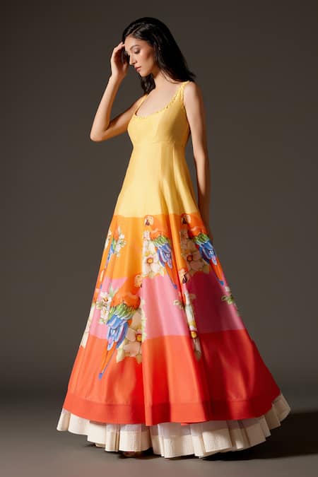 Shop_Rohit Bal_Multi Color Organza, Chanderi Silk, Cotton Bird Floral Print Anarkali Set _Online_at_Aza_Fashions