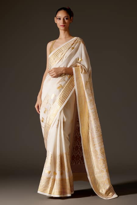 Rohit Bal Chanderi Bird Motif Print Saree & Unstitched Blouse Piece Set 