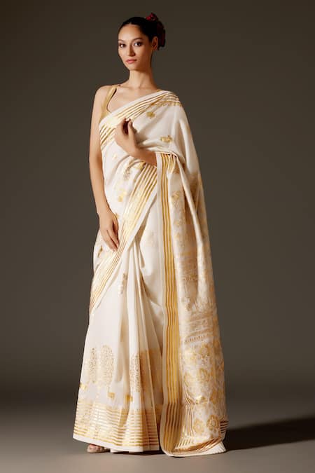 Rohit Bal_Cream Chanderi Foil Printing Bird Motif Saree And Unstitched Blouse Piece Set _Online_at_Aza_Fashions