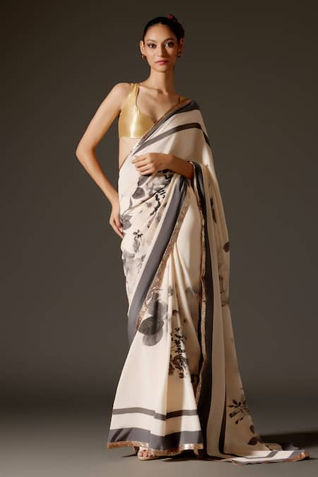 Rohit Bal Monotone Floral Print Saree & Unstitched Blouse Piece Set 