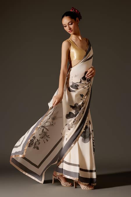 Rohit Bal_Ivory Crepe Gota Patti Monotone Floral Print Saree And Unstitched Blouse Piece Set _Online_at_Aza_Fashions