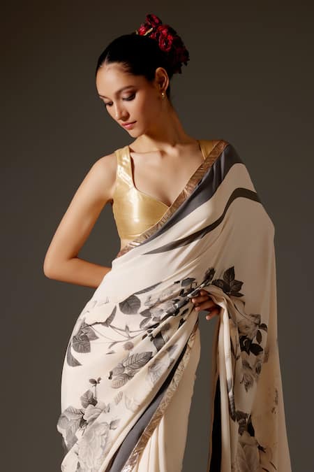 Buy_Rohit Bal_Ivory Crepe Gota Patti Monotone Floral Print Saree And Unstitched Blouse Piece Set _Online_at_Aza_Fashions