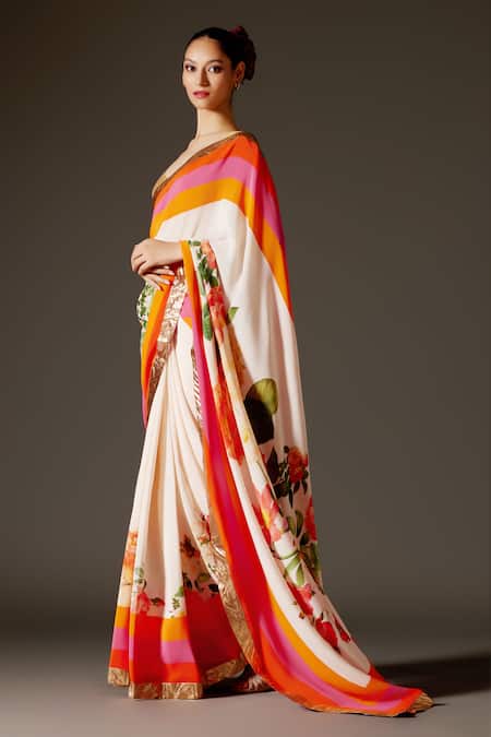 Rohit Bal_Ivory Crepe Gota Patti Flower Vine Print Saree And Unstitched Blouse Piece Set _Online_at_Aza_Fashions