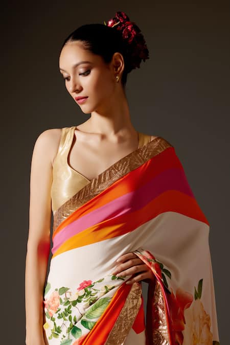 Buy_Rohit Bal_Ivory Crepe Gota Patti Flower Vine Print Saree And Unstitched Blouse Piece Set _Online_at_Aza_Fashions