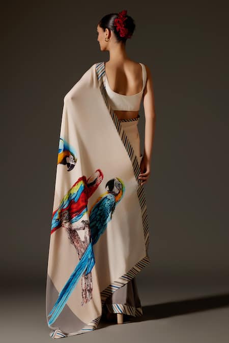 Rohit Bal Parrot Bird Print Saree & Unstitched Blouse Piece Set 